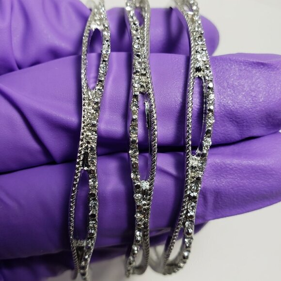 Set of 3 Silver-Tone Crystal Marquise Bangles – Textured Sparkle Elegance Women - Picture 5 of 8